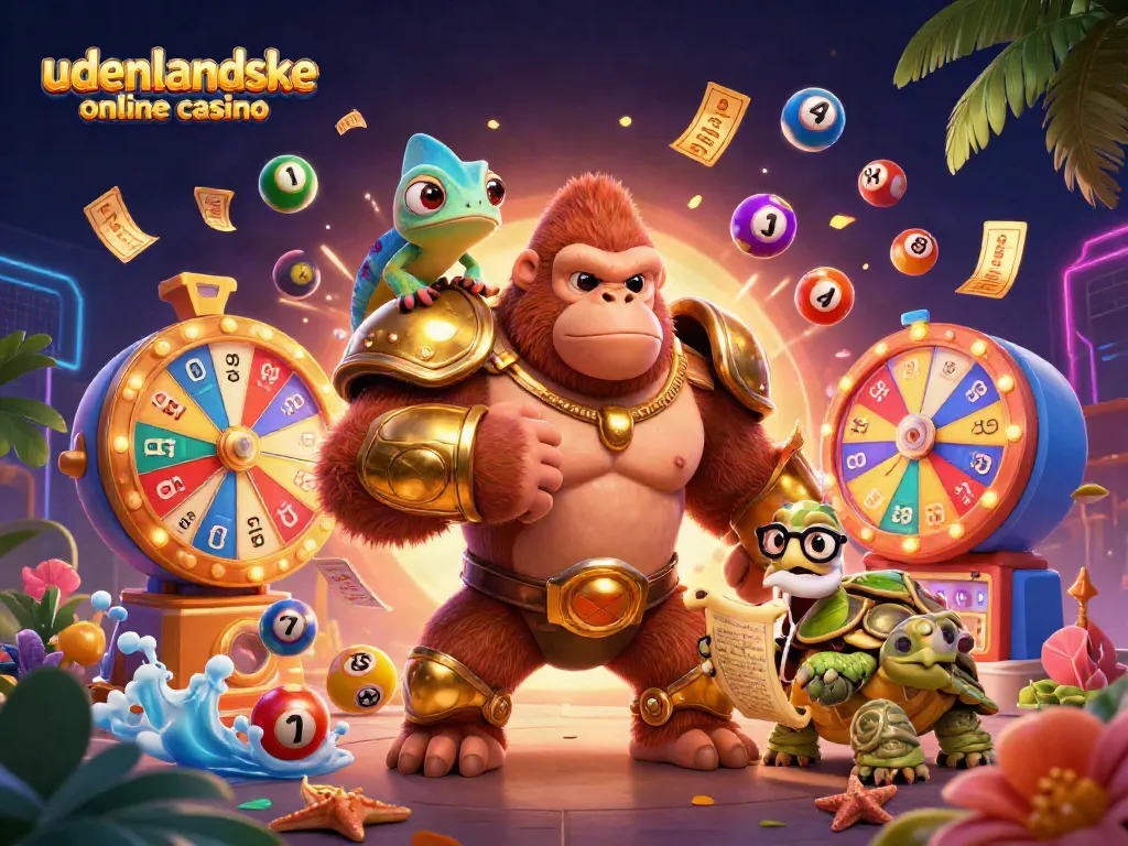 Engage with udenlandske online casino features in a vibrant 3D casino scene, capturing excitement.