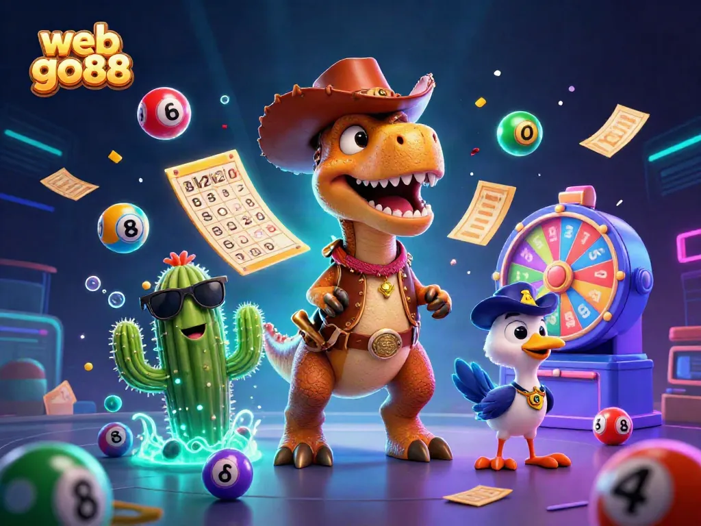 Experience excitement with web go88 as a cowboy dinosaur and friends celebrate a thrilling gaming adventure.