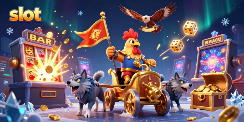 Spin the reels with a thrilling slot experience featuring a cartoon rooster warlord in action.
