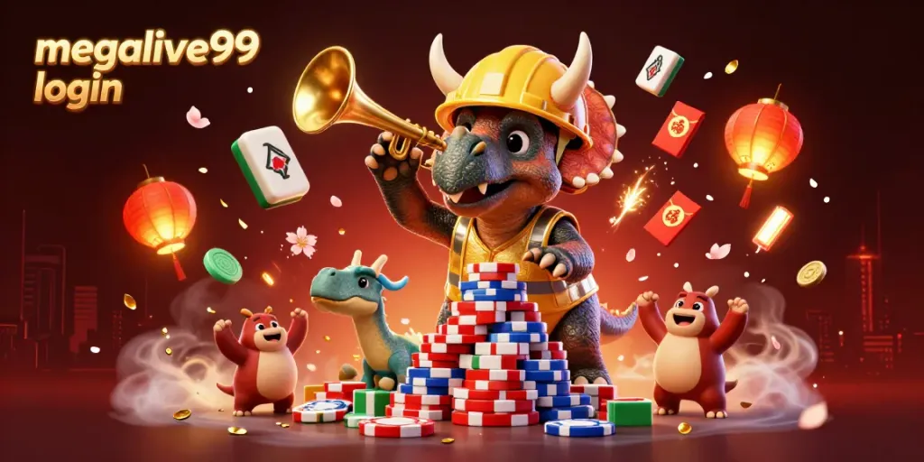 Megalive99 login sebagai tema dalam ilustrasi kasino digital yang meriah dan penuh warna.