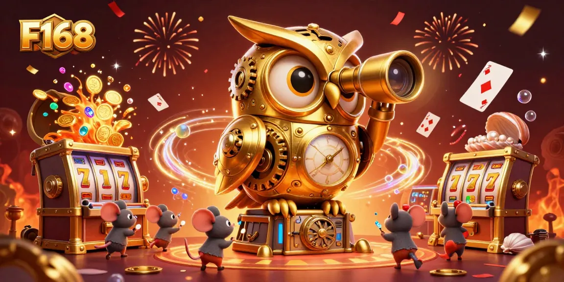 Engage in thrilling gameplay at F168 with a captivating 3D illustration featuring a golden owl and vibrant casino elements.