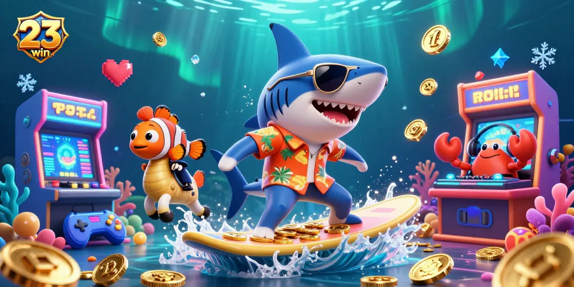 Experience thrilling gameplay with 23win in this vibrant underwater casino adventure illustration filled with characters and game elements.