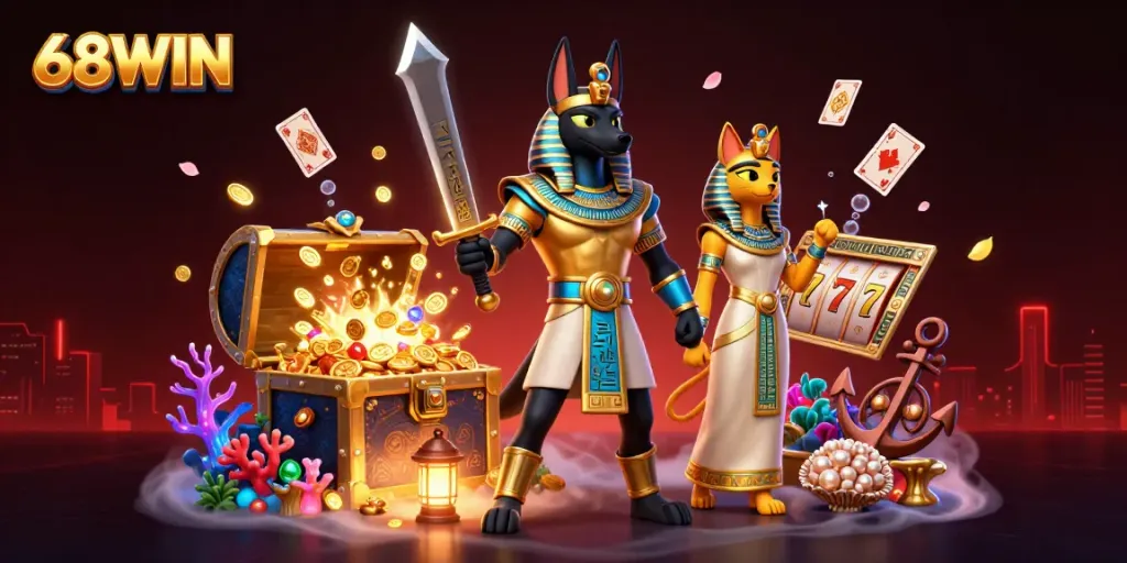 Experience thrilling gameplay with 68WIN's vibrant casino scene featuring Anubis and Bastet.