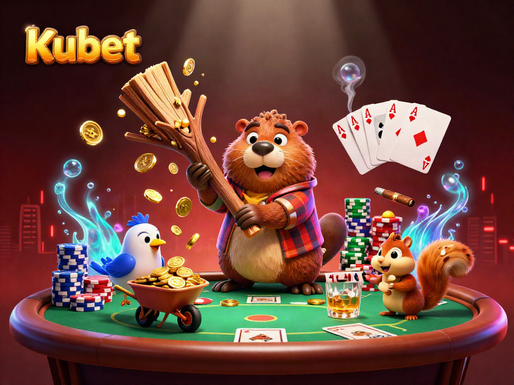 Kubet's lively illustration features a beaver, bird, and squirrel celebrating a poker win with gold coins raining down.