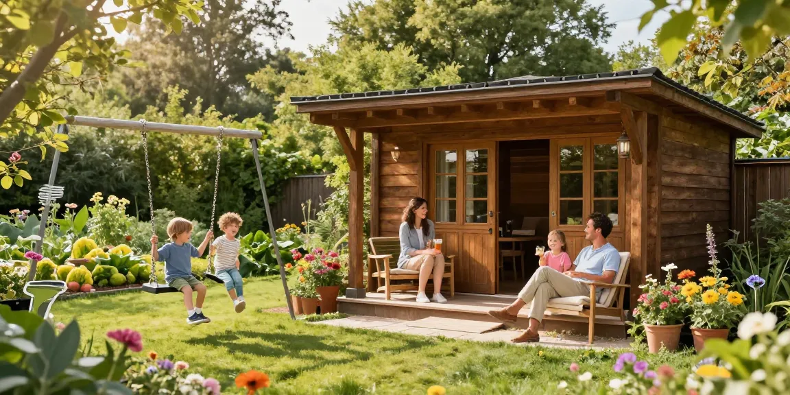 Ein Gartenhaus in einem blühenden Garten, umgeben von einer fröhlichen Familie, die die Natur genießt.