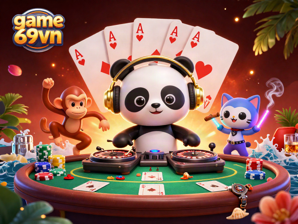 Win big with exciting game 69vn visuals featuring a DJ panda and vibrant casino elements.