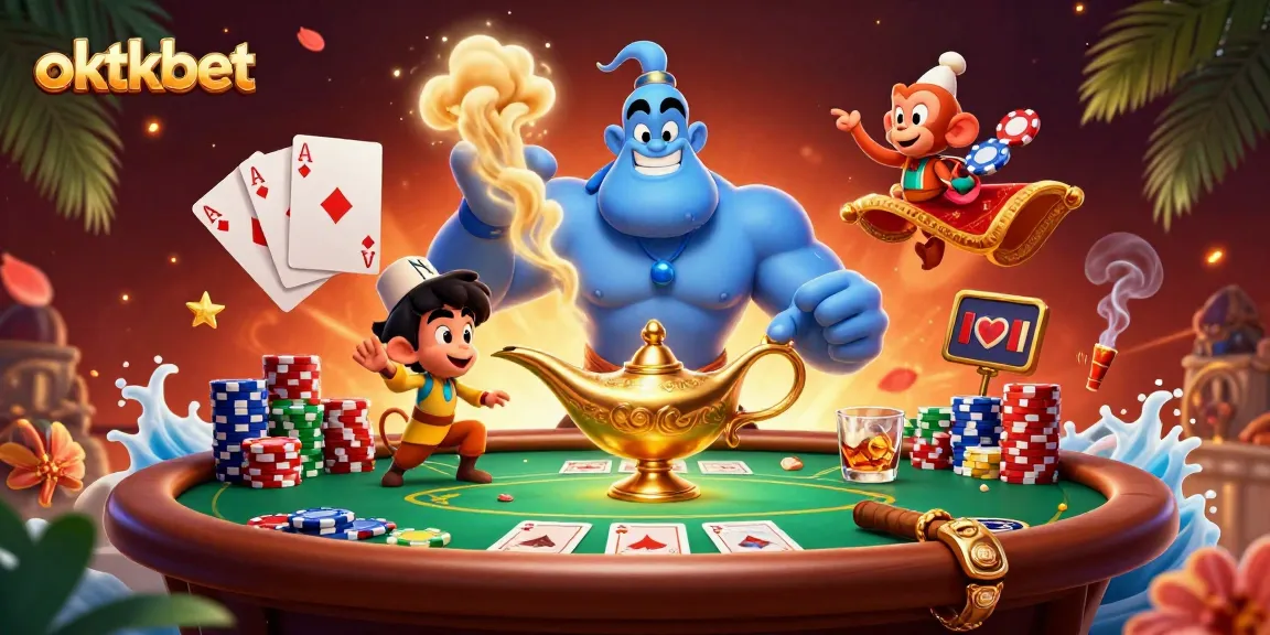 Engage in thrilling poker action with oktkbet's vibrant casino scene featuring a blue genie and poker elements.