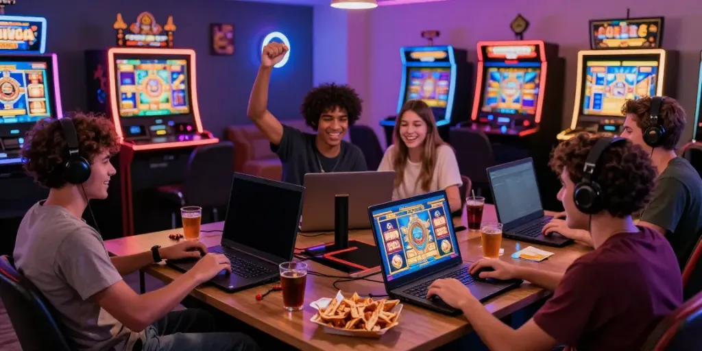 Friends engaging in an exciting slot gaming session with colorful devices and vibrant decor.