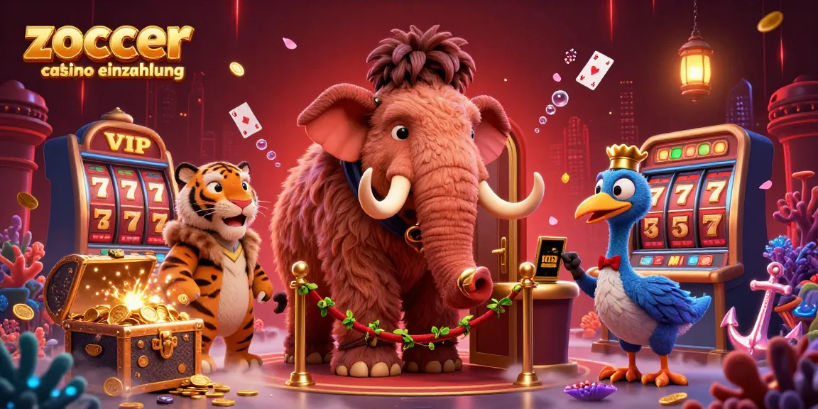 Visualisieren Sie das Zoccer Casino ohne Einzahlung, das von einem Mammut-Wachmann und einem VIP-Gast belebt wird.