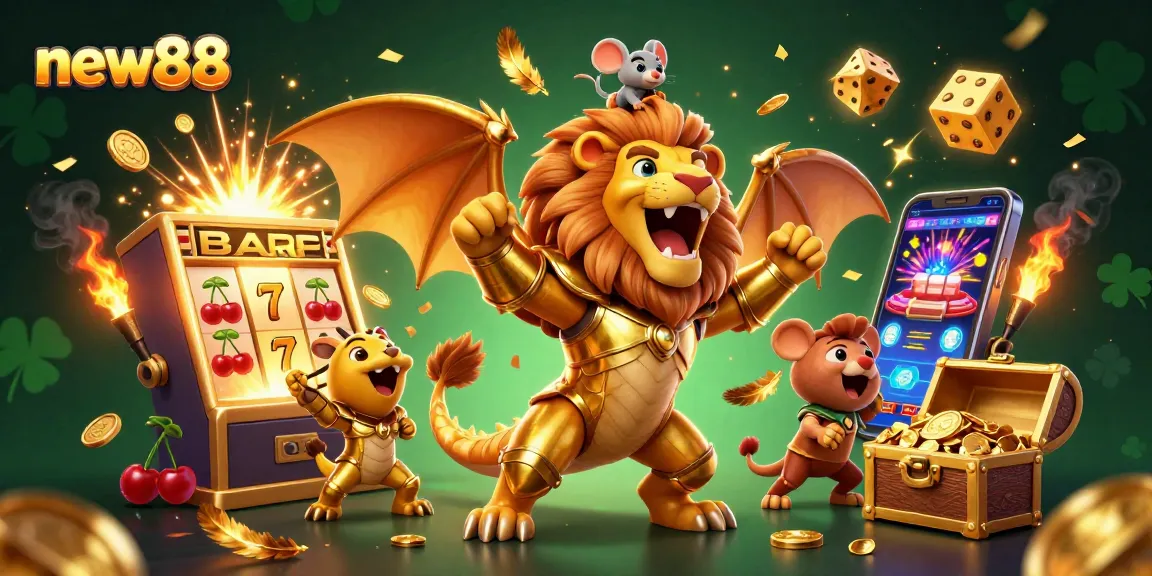 Experience the thrill at new88 with a vibrant casino scene featuring a triumphant chimera and slot machine jackpot.