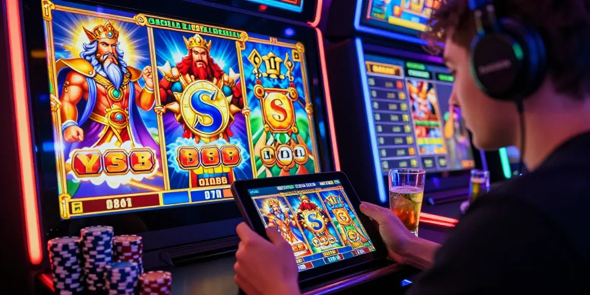 Engaging online gaming scene showcasing a player enjoying slot online terpercaya on a tablet with vibrant graphics and casino atmosphere.