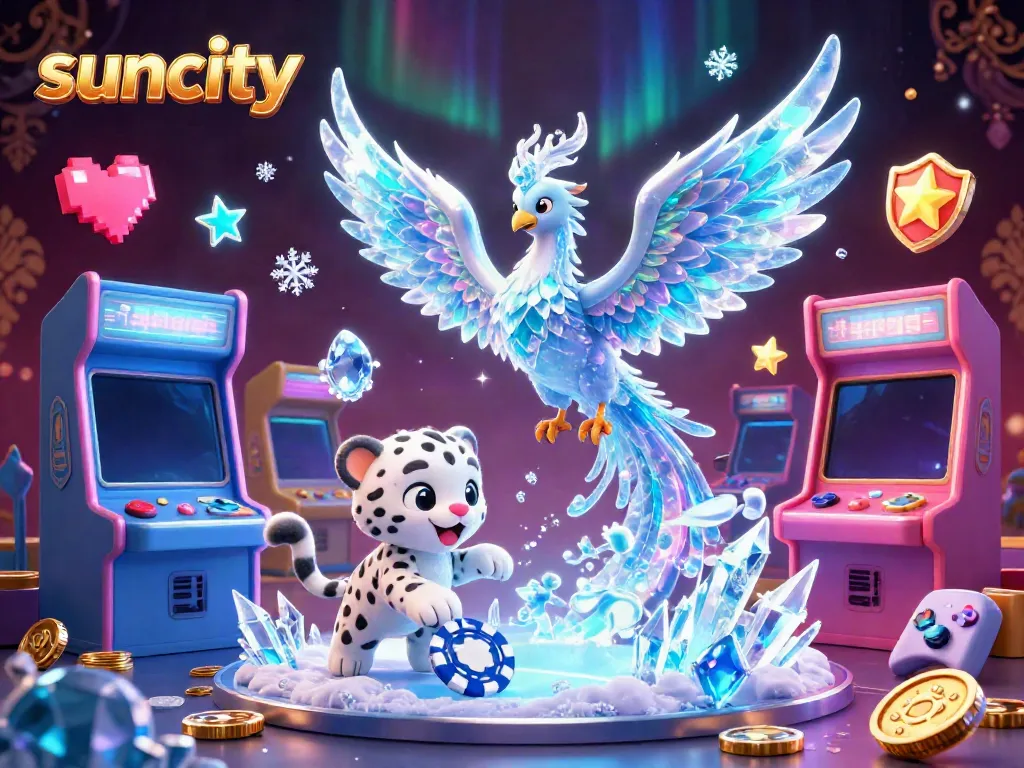 Suncity imagery showcasing vibrant casino elements within a lively scene with a majestic ice phoenix and playful snow leopard.