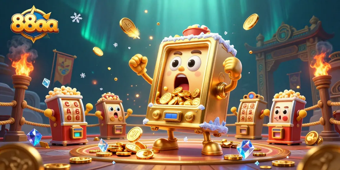 88aa slot machine hits jackpot with shocked expression as coins cascade, surrounded by cheering baby machines.