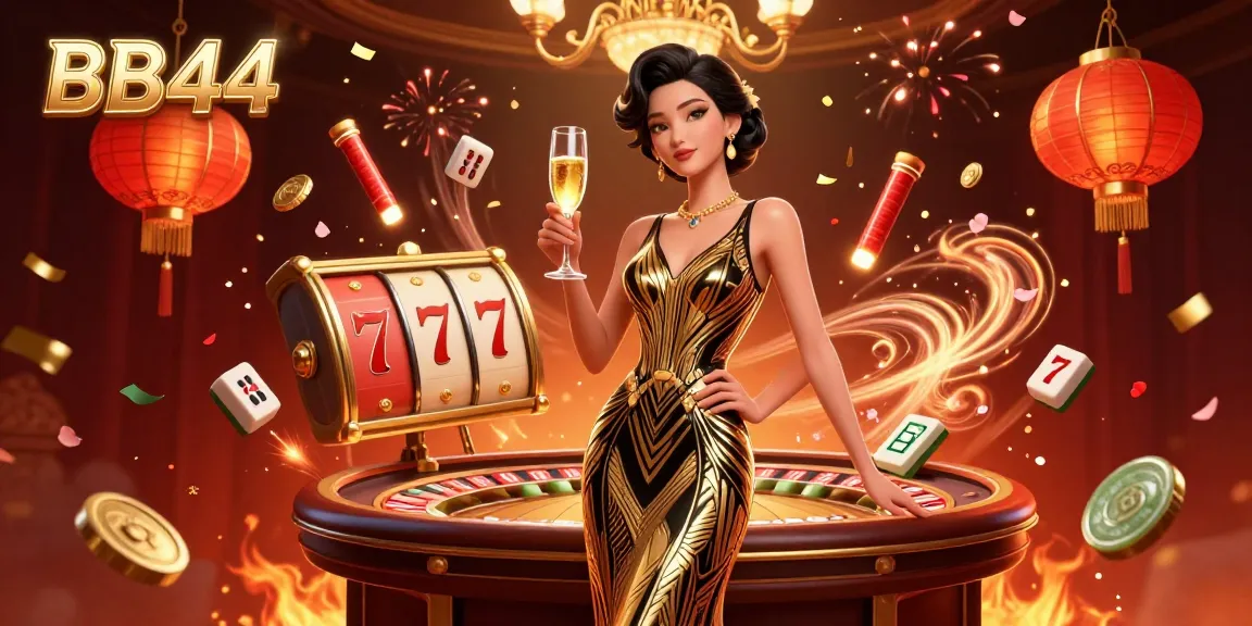 Experience thrilling gaming at BB44 with vibrant slot reels and elegant atmosphere in this stunning 3D illustration.