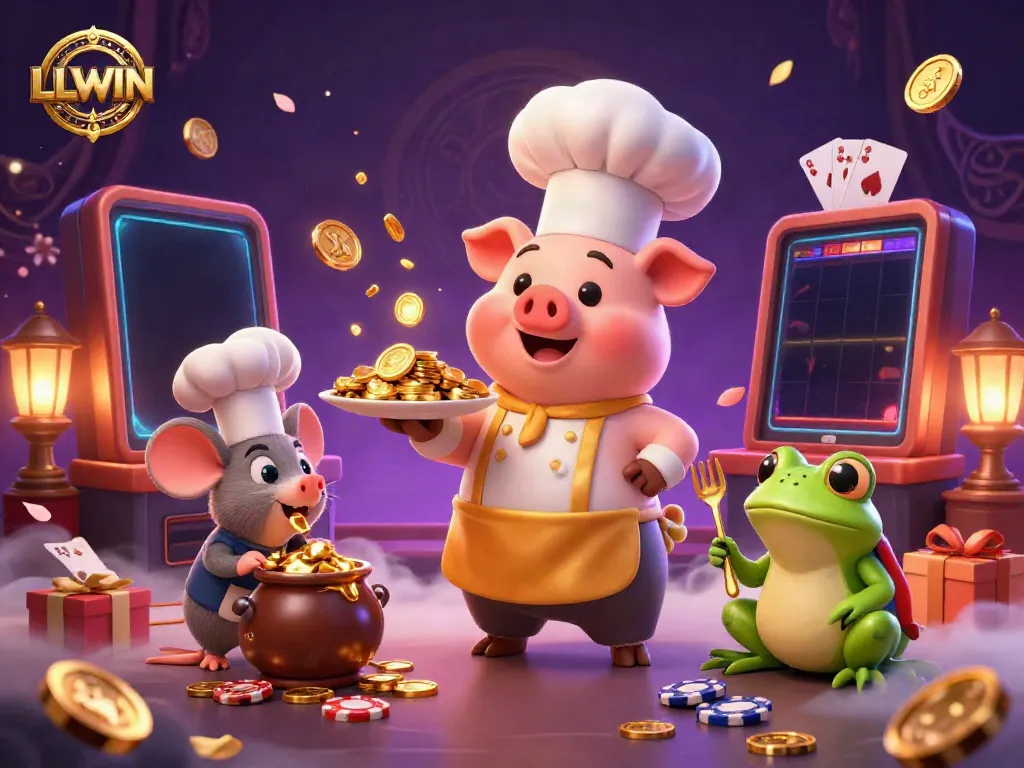 Experience winning moments with LLWWIN, where a chef pig serves gold coins in a vibrant casino scene.