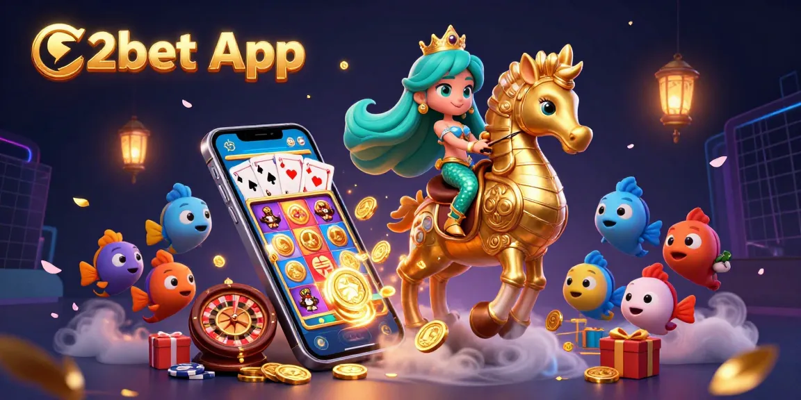 E2bet App showcases a vibrant scene of a mermaid princess and a giant seahorse amidst casino elements and animated gambling excitement.
