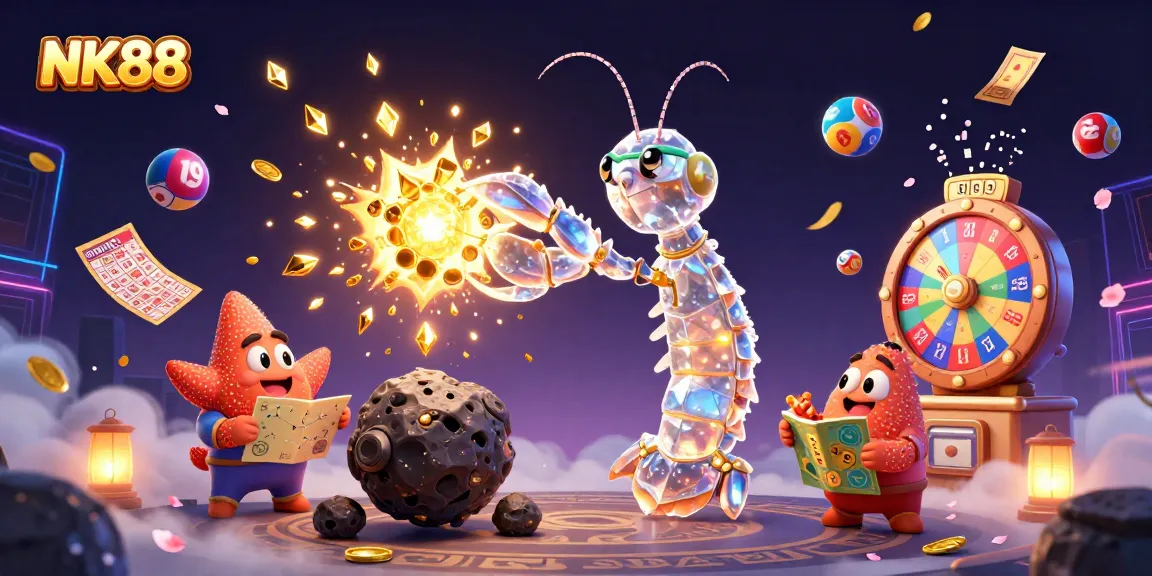 Engage with NK88's vibrant gaming atmosphere while winning gems and coins in this colorful casino scene.