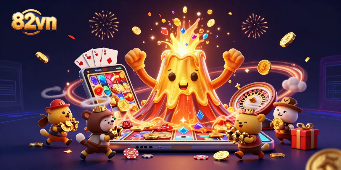 Engage with the thrilling adventures of 82vn featuring a golden volcano erupting coins in a vibrant casino scene.