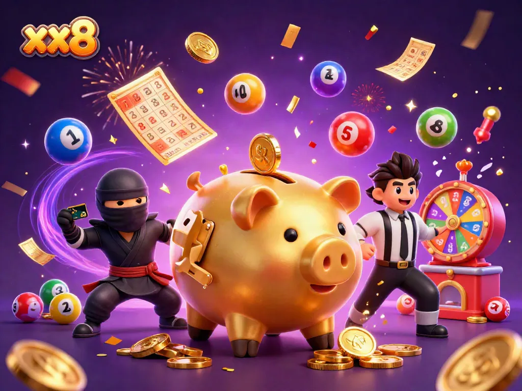Engage in lively action with xx8's golden piggy bank sumo wrestler amidst casino fun.