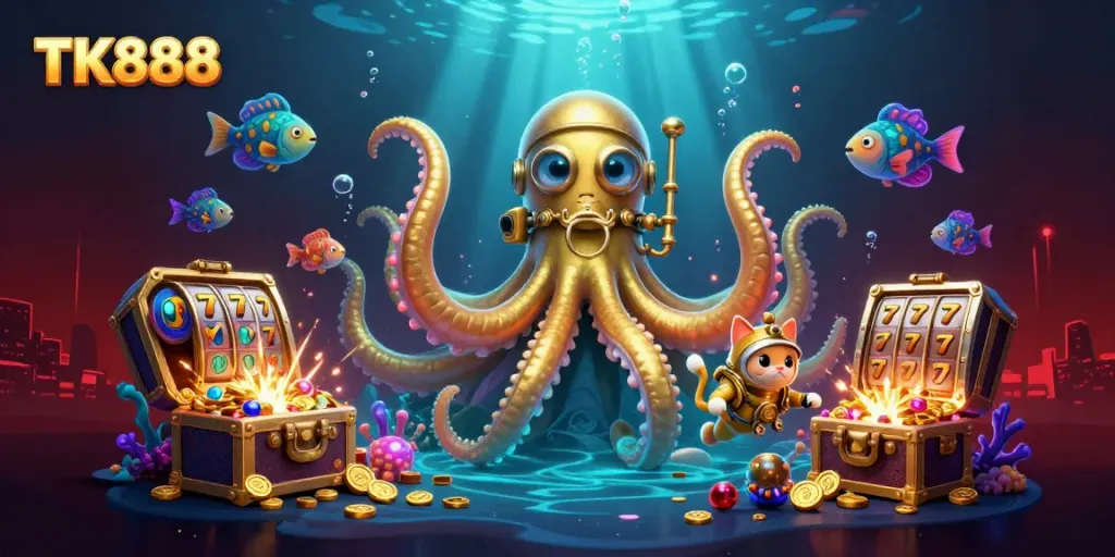 Experience TK888's thrilling casino world with a kraken and diving cat in this underwater treasure scene.