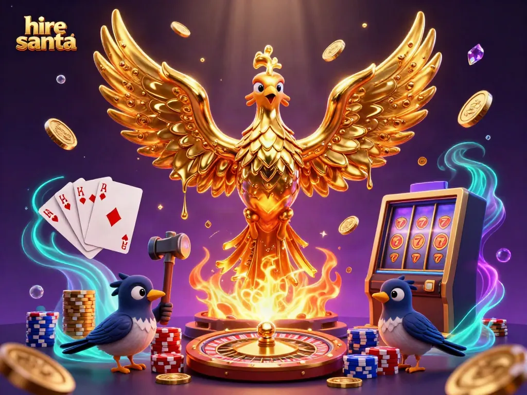 Hire Santa enhances your holiday with magical casino vibes featuring a molten phoenix and festive elements.