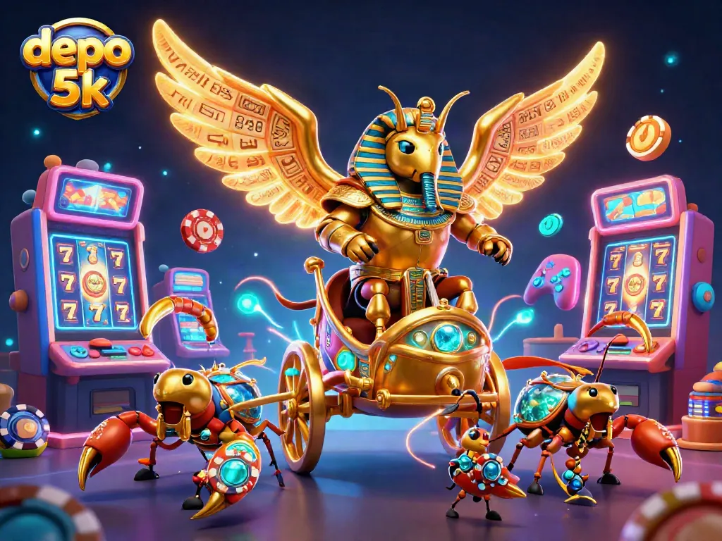 Spin the reels at depo 5k with vibrant slot machines and golden characters in action.