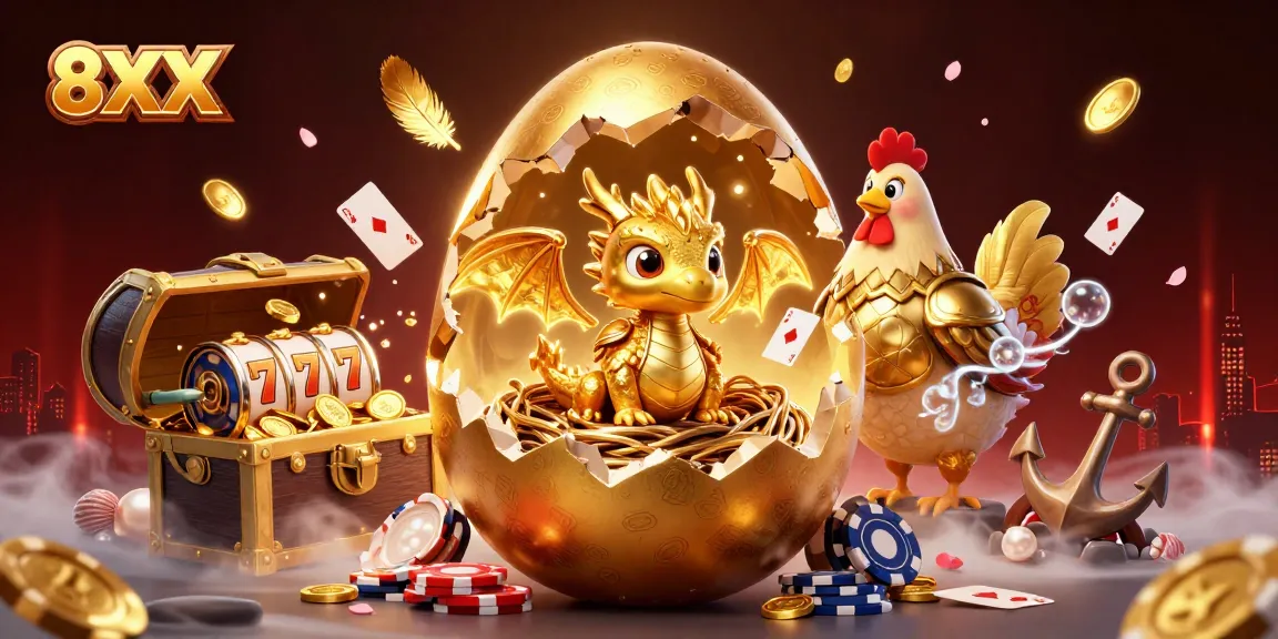Experience the thrill of 8XX in this dynamic casino scene with golden dragon and poker chips.