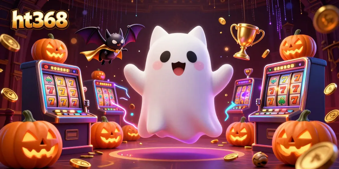 Engage with the vibrant ht368 casino world featuring lively characters among neon slot machines and glowing elements.