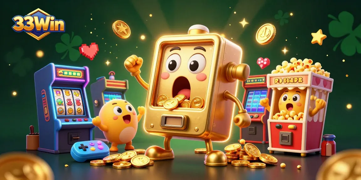 33Win slot machine hits jackpot as coins explode, surrounded by cheering mini machines and golden popcorn.