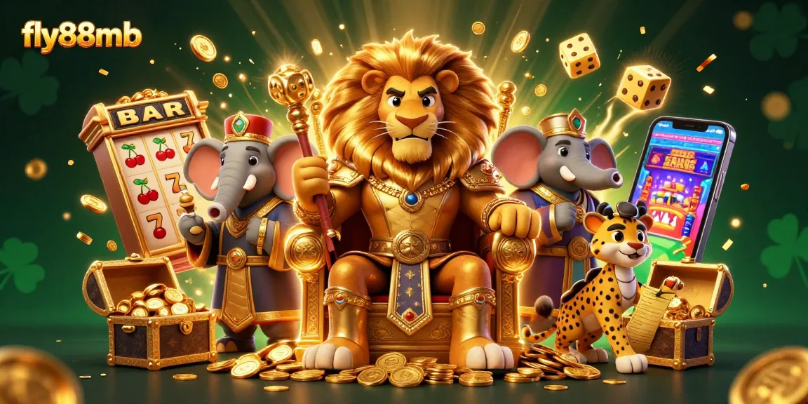 Experience excitement with fly88mb's dynamic casino illustration featuring a lion king, elephant advisor, and cheetah messenger.