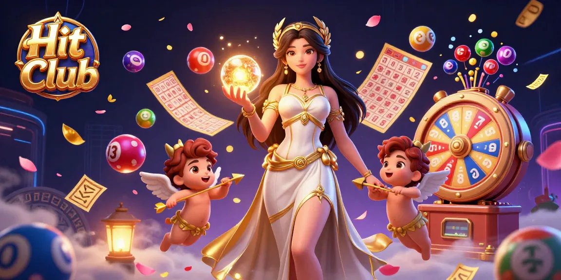 Win big at Hit Club with vibrant lottery elements surrounding a Grecian goddess in an illustrated casino scene
