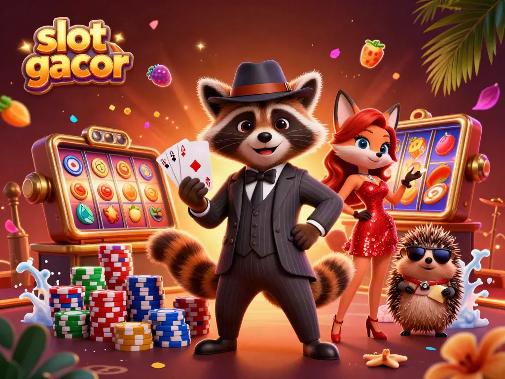 Engage with slot gacor excitement as a raccoon, fox, and hedgehog revel in the colorful casino scene.