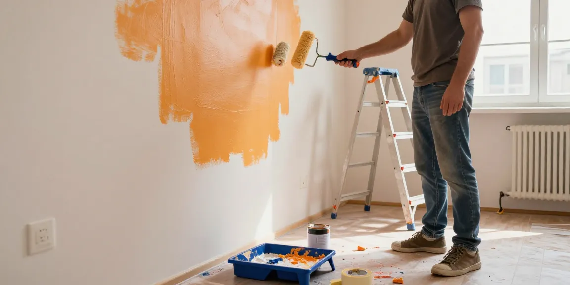 Malerarbeiten in Heidelberg, handwerklicher Maler sprüht frische Farben in einem hellen Wohnzimmer, Werkzeuge und neue Farbdetails hervorhebend.