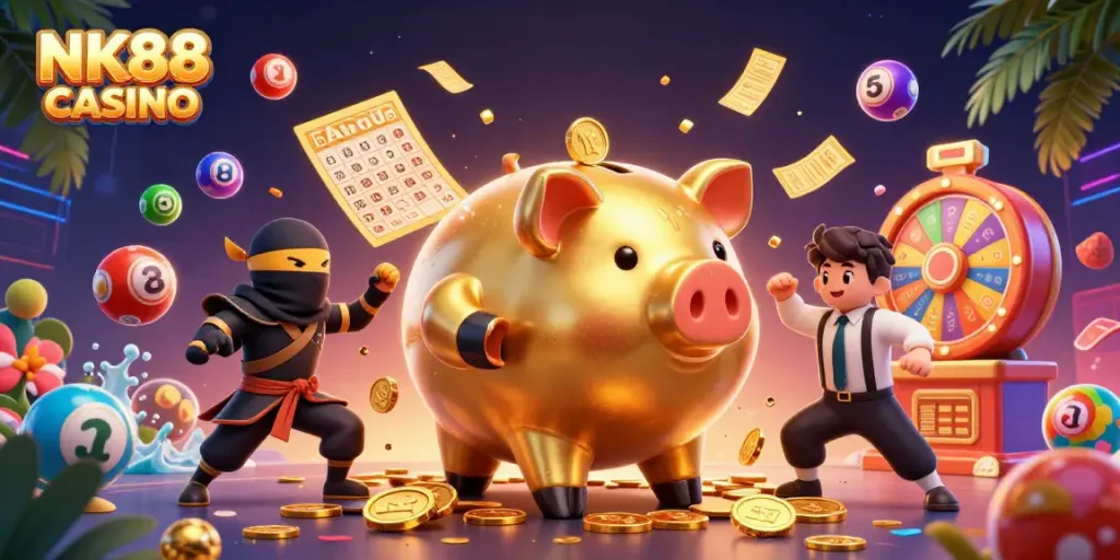 Experience exciting gameplay at NK88 CASINO with vibrant characters competing amid dynamic casino elements.