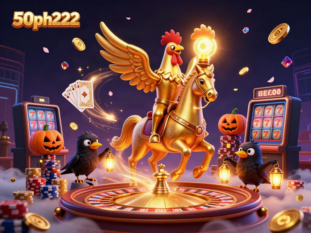 Experience the magic of 50ph222 with dynamic casino elements featuring the golden rooster and gaming action.