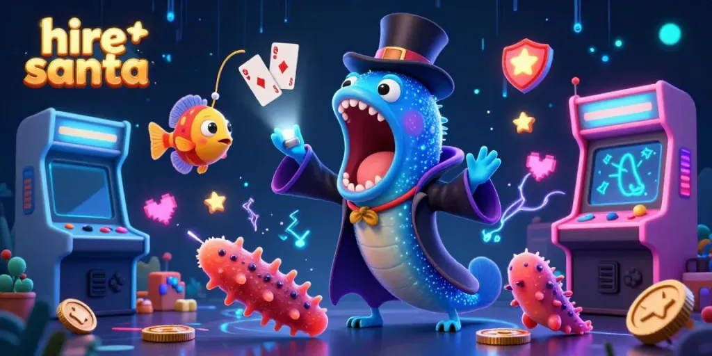 Engaging scene of animated characters showcasing a magical act, hire santa event with 3D gaming elements.