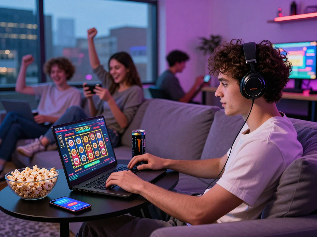 Gacor online gaming scene with players enjoying slot games in an urban setting.
