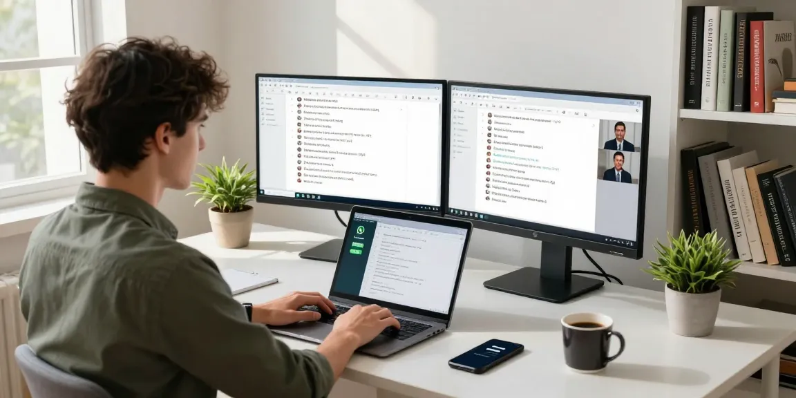 Using WhatsApp電腦版 on a laptop in a modern home office.