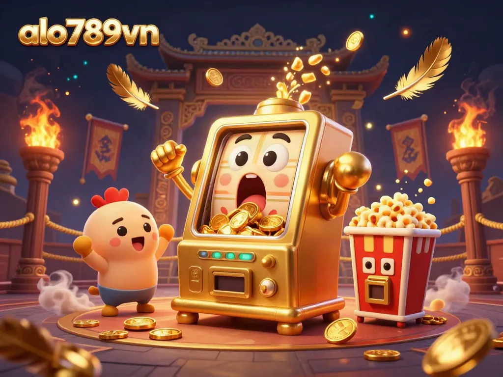 Alo789vn's golden slot machine triumphantly celebrates a jackpot win in a lively casino scene.