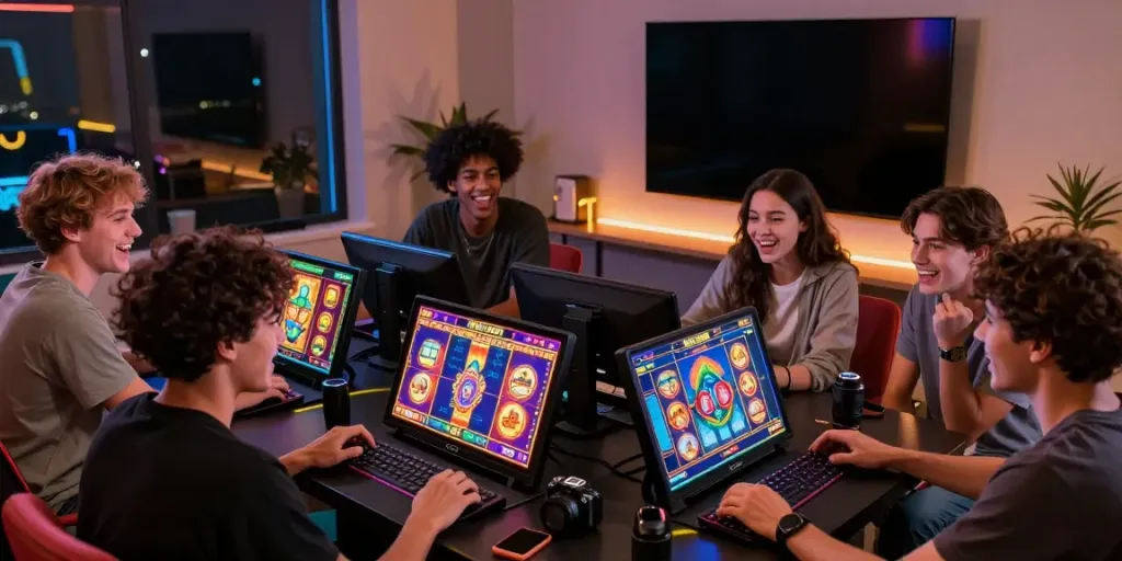 Friends enjoying an exciting session of online slot games in a cozy gaming room, showcasing vibrant graphics and friendly competition.