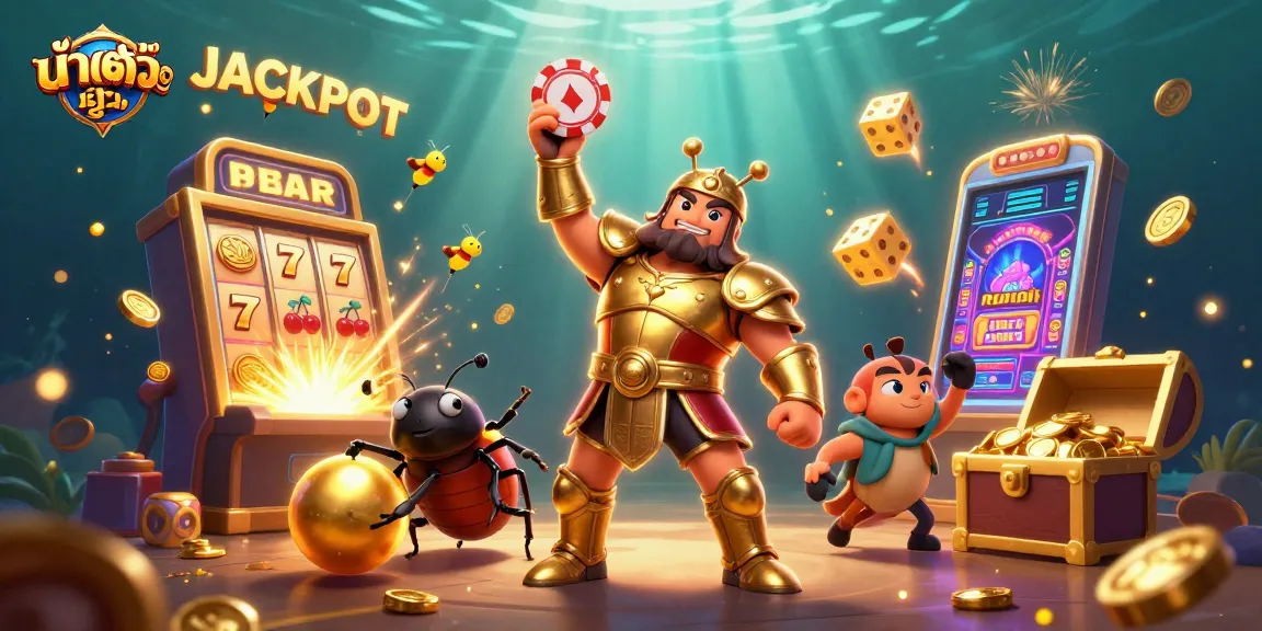 Engage in the excitement of น้ำเต้าปูปลา as the hercules beetle lifts a poker chip in this vibrant casino scene.