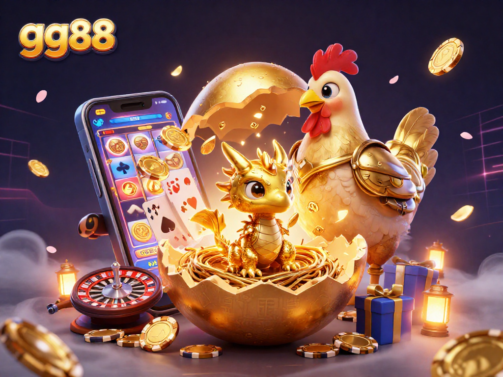 Experience the excitement of gg88's online casino with the majestic golden egg and dragon surrounded by vibrant game elements.