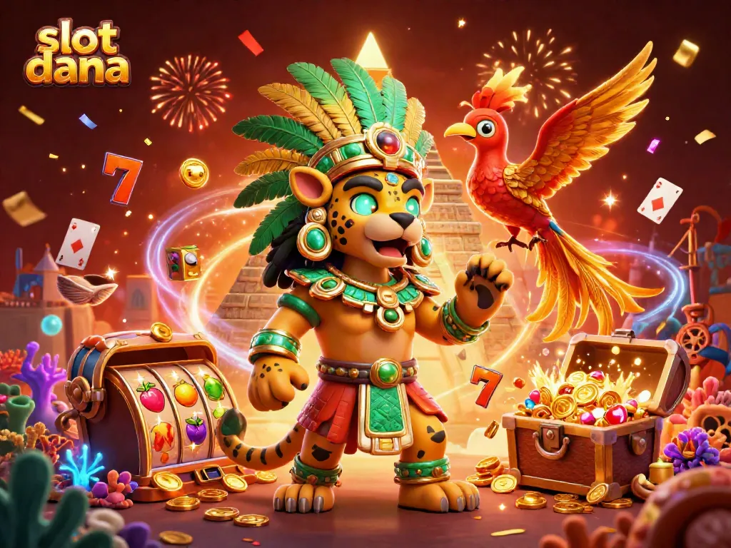 Menghasilkan kemenangan menakjubkan dalam permainan slot dana dengan simbol dari slot yang berkilauan dan pemandangan menarik.