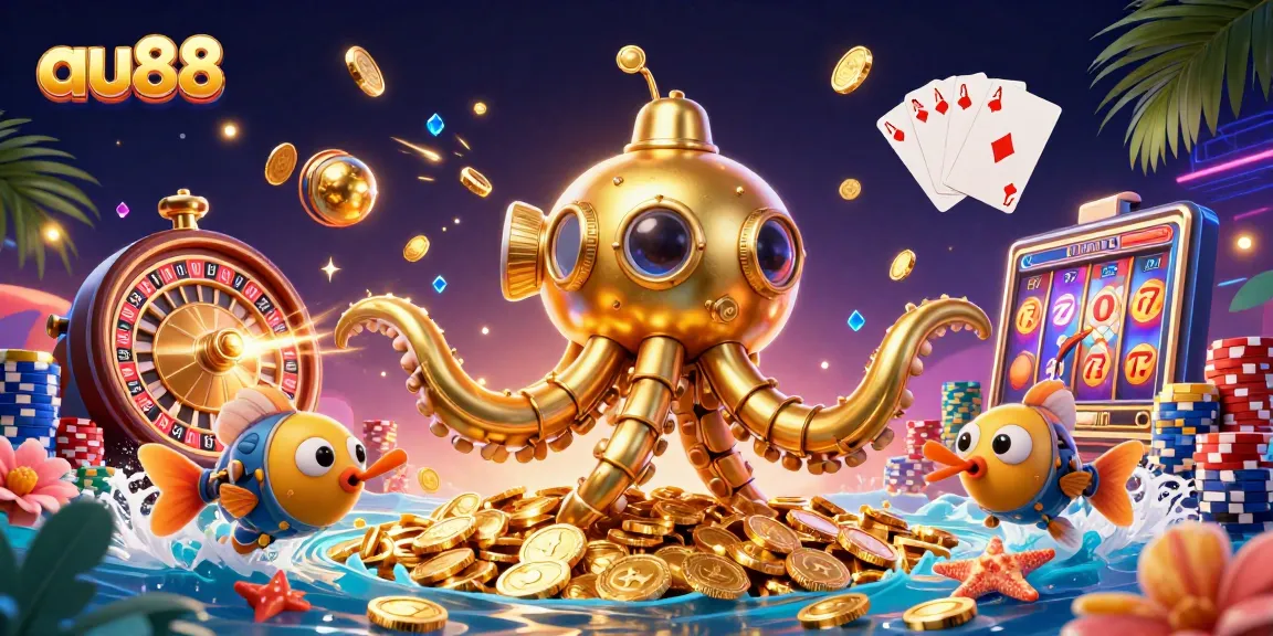Experience the thrill at au88 with a golden kraken submarine and dazzling casino elements.