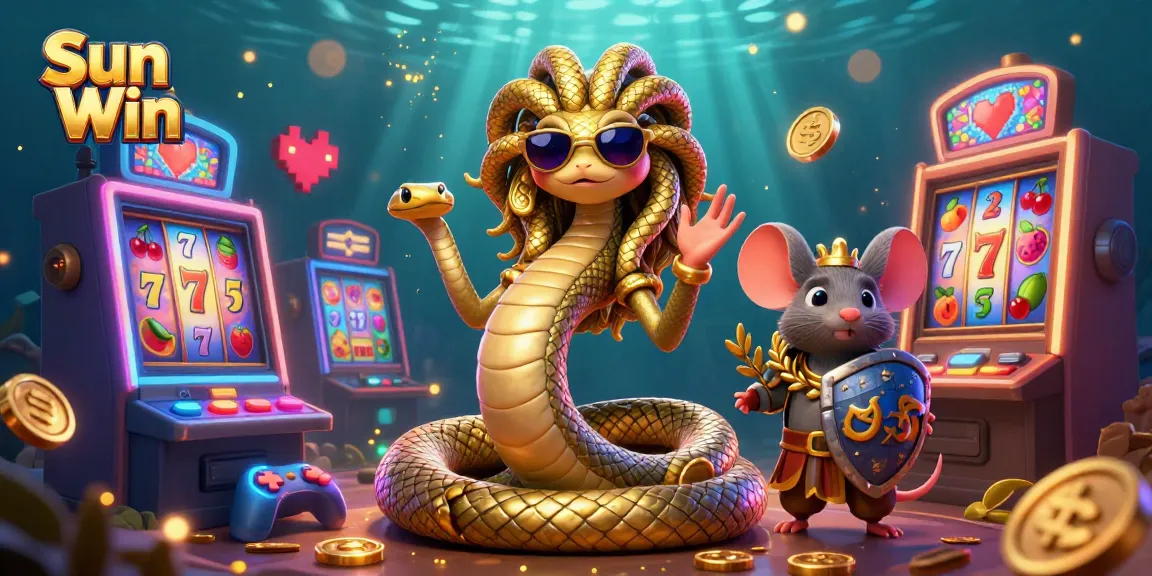 Play slots with Sun Win and encounter Medusa and a warrior mouse in a lively casino scene.