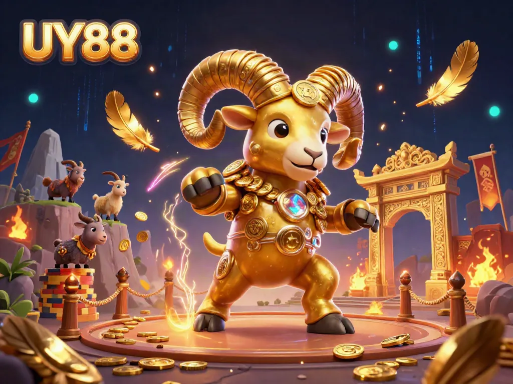 Experience thrilling gameplay at UY88 with a dynamic golden ram charging through an embellished casino gateway.