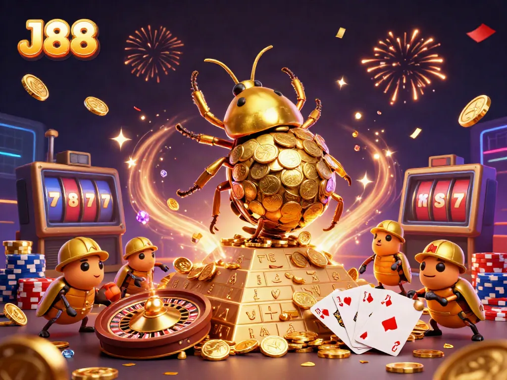 J88 online casino features a 3D golden dung beetle rolling coins, surrounded by casino elements.