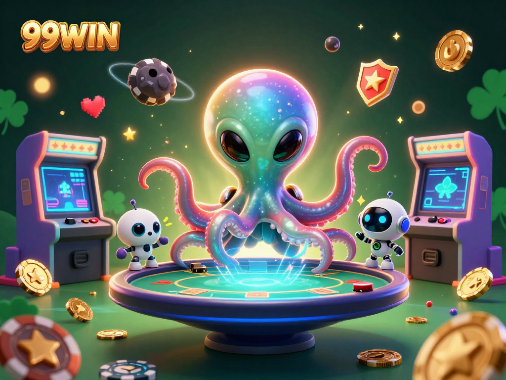 Engage with 99WIN's vibrant casino games, featuring an alien octopus and thrilling poker action.
