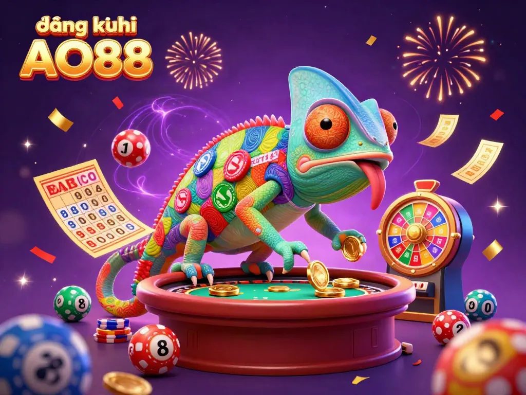 Join the fun with đăng ký AO88 at a vibrant online casino scene featuring a color-shifting chameleon owner.