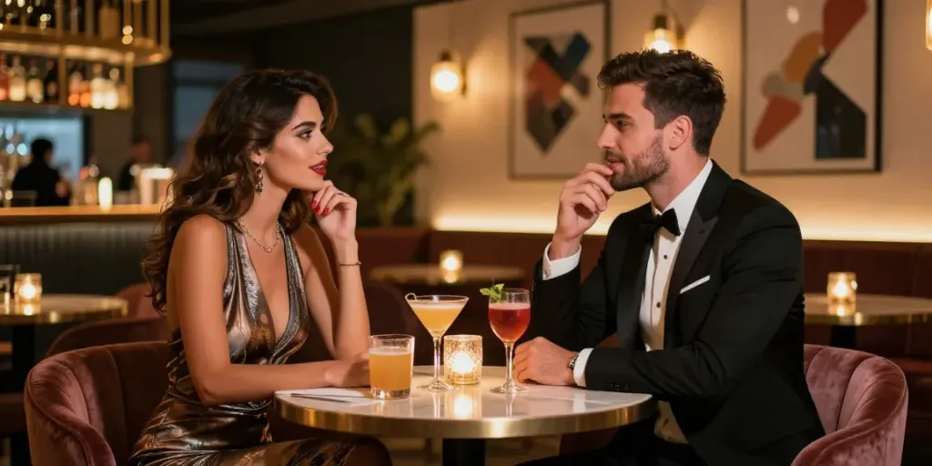 Izmir bayan escort enjoying a vibrant night out in Karşıyaka with an elegant cocktail and stylish surroundings.